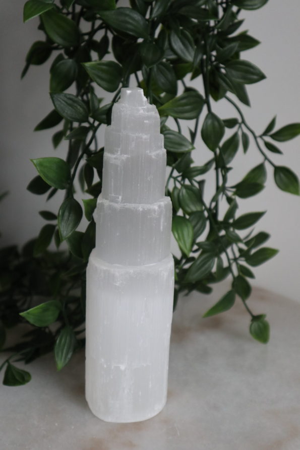 Selenite Tower with LED Wooden Base – 20cm