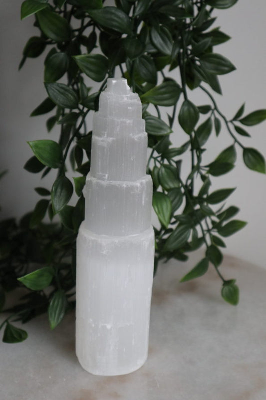 Selenite Tower with LED Wooden Base – 20cm