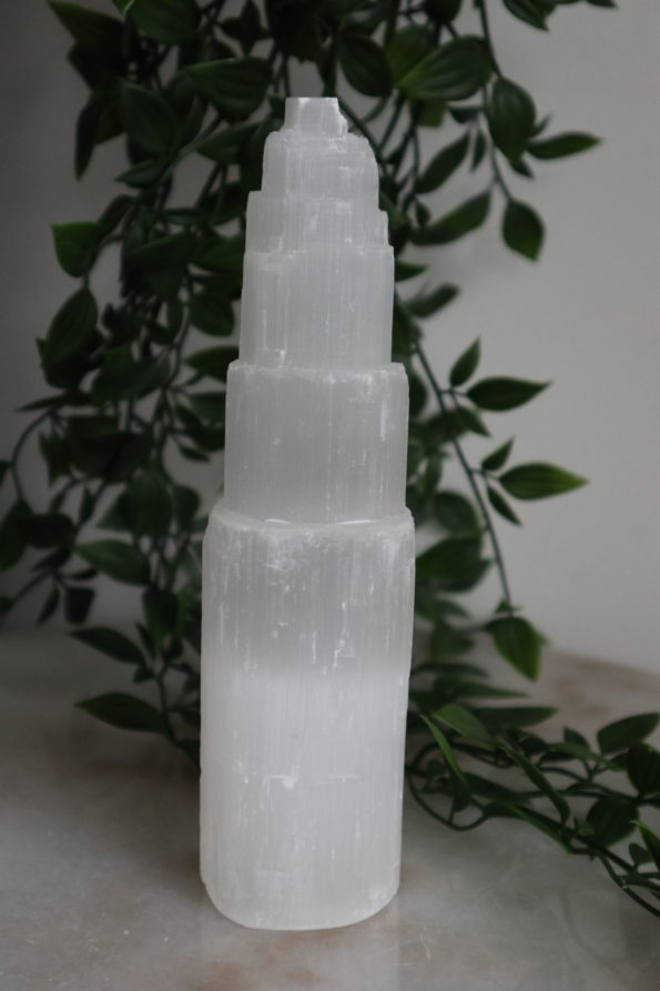 Selenite Tower with LED Wooden Base – 20cm