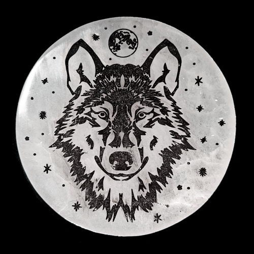 Engraved Selenite Plate Lamp -Wolf