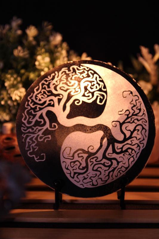 Engraved Selenite Plate Lamp - YingYang