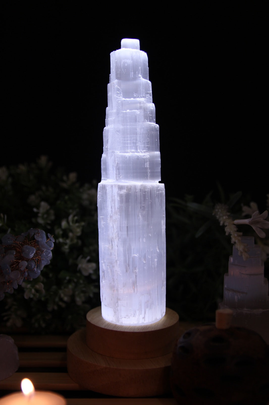 Selenite Tower with LED Wooden Base – 20cm